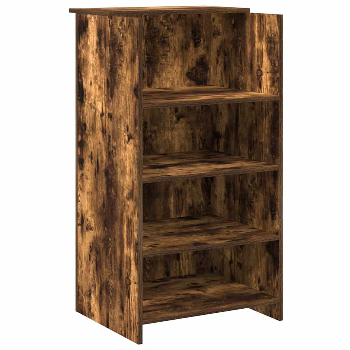 Holzregal mit vier Regalen. Das Holz hat ein dunkelbraunes, verwittertes Aussehen mit sichtbarer Maserung und Knoten.