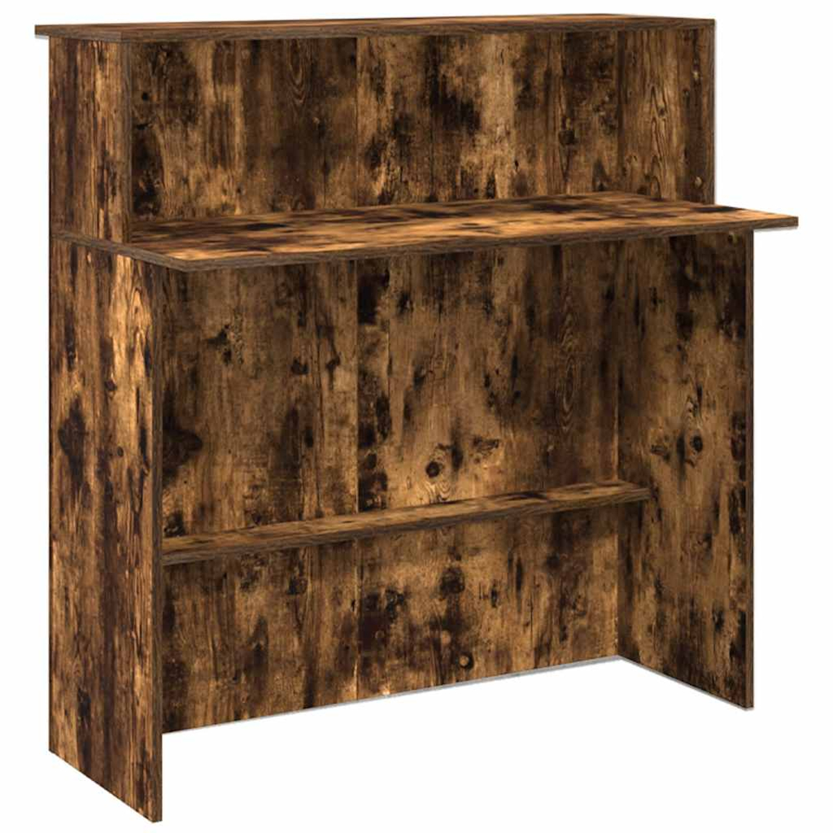 Eine Holzbar mit Regalen. Sie besteht aus braunem Holz mit sichtbarer Maserung und Ästen. Die Bar hat eine Theke und ein unteres Regal.