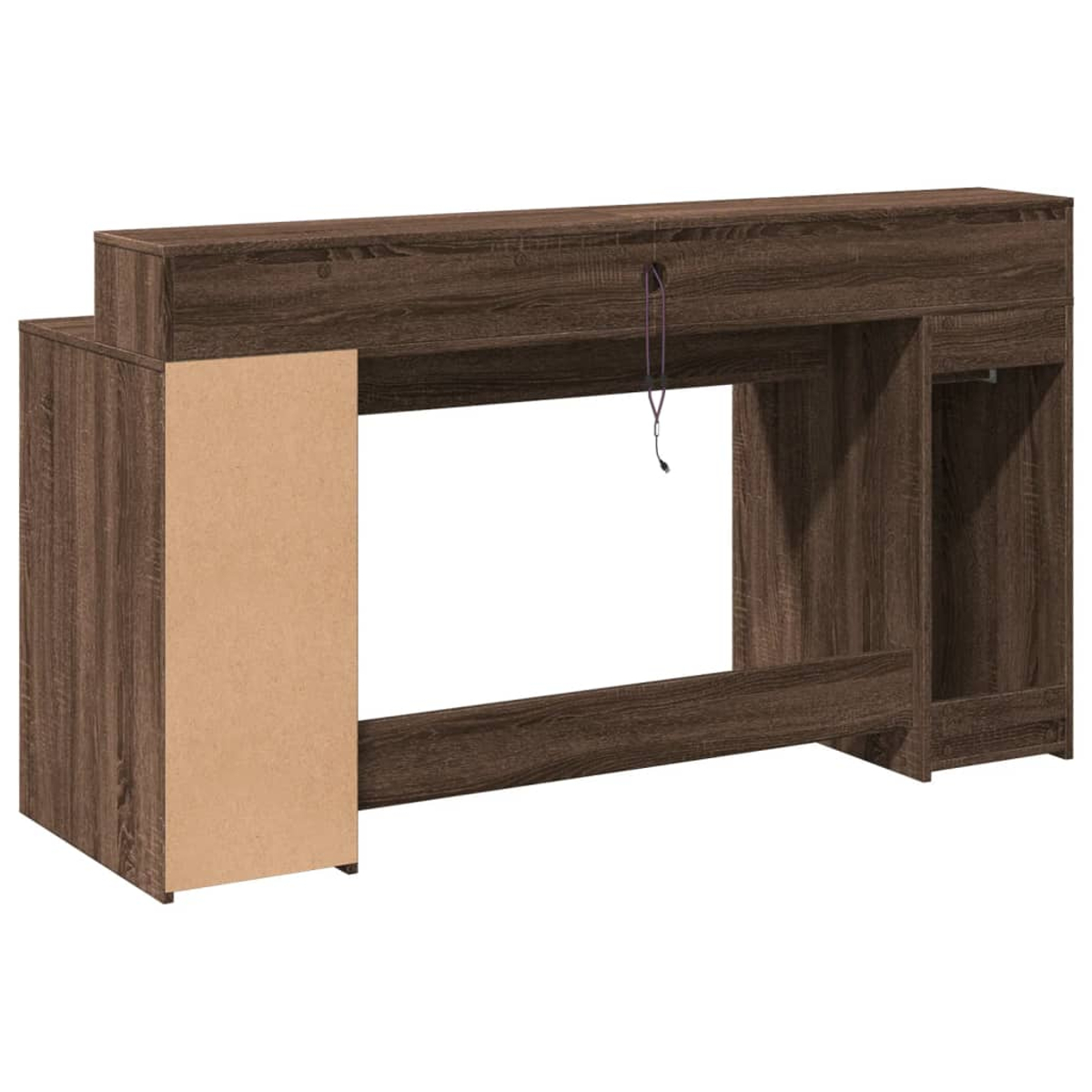 Ein brauner Holzschreibtisch mit einer großen Öffnung. Ein Kabel hängt von oben. Der Schreibtisch hat eine Holzstruktur und eine hellbraune Seite.