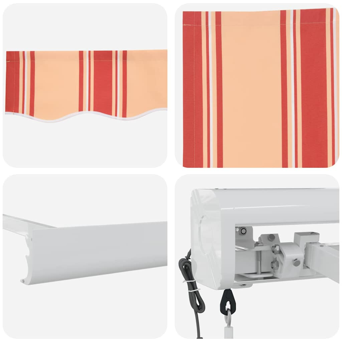 Vier Bilder zeigen Teile einer Markise. Orange- und rot gestreifter Stoff, weiße Metallstange und weißes Motorgehäuse mit schwarzem Kabel.