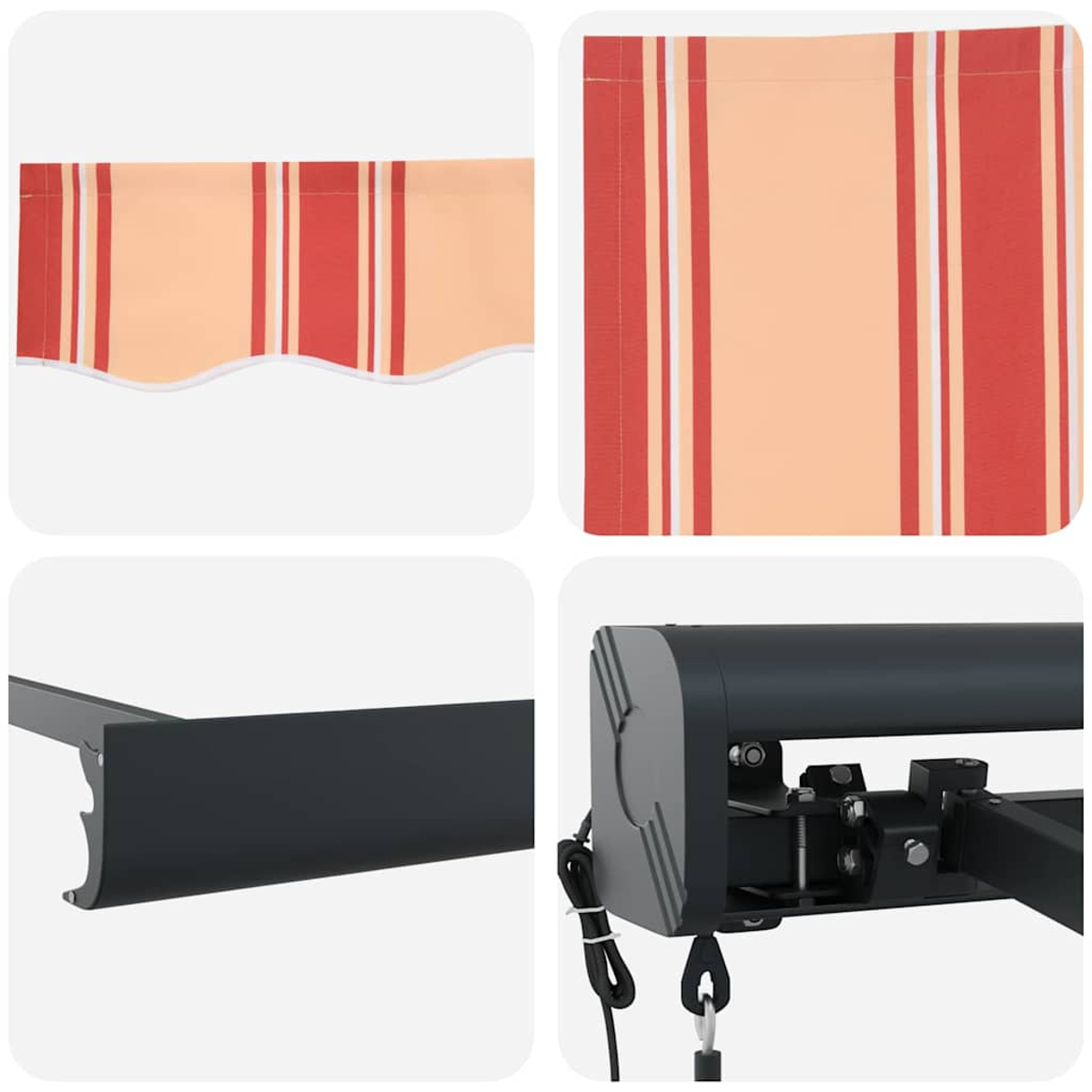 Vier Bilder zeigen Teile einer Markise. Sie zeigen gestreiften Stoff, einen Metallrahmen und Motordetails. Farben sind Beige, Rot und Grau.