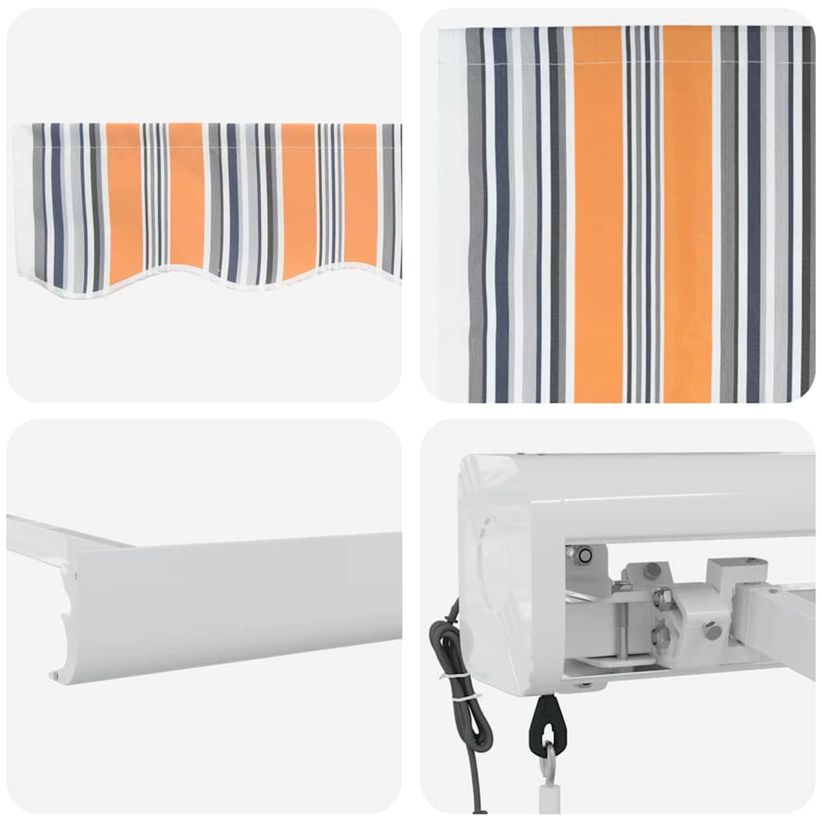 Viergeteiltes Bild mit gestreifter Markise, weißem Rahmen und Mechanismus. Streifen sind orange, grau, weiß und marineblau. Weißer Rahmen mit Details.