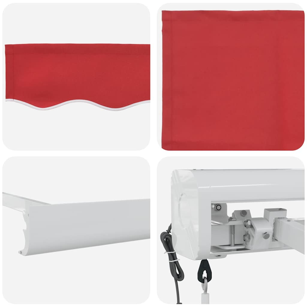 Das Bild zeigt Teile einer Markise: roter Stoff, weißer Metallrahmen und mechanische Komponenten. Details umfassen gewellte Kanten und Halterungen.
