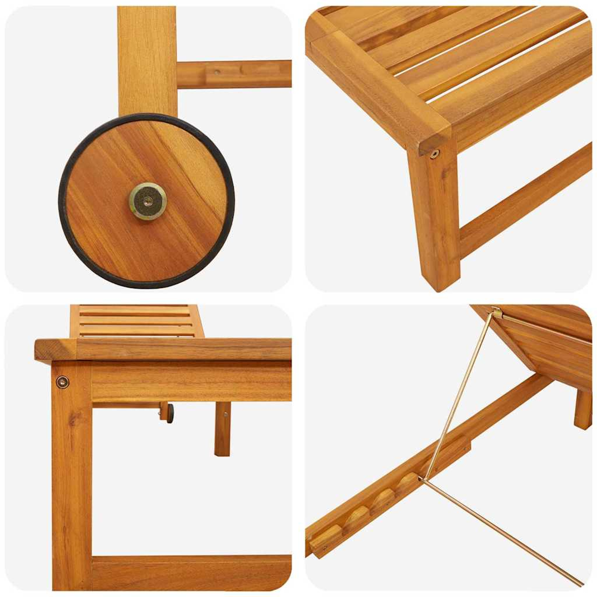 Mobiliario de exterior de madera, detalles: ruedas, marco y respaldo ajustable. Color madera natural.
