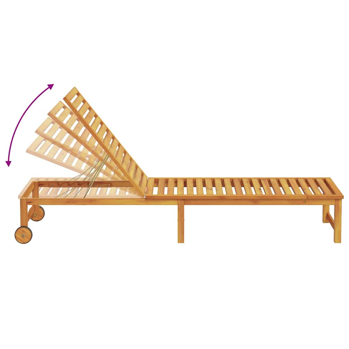 Una tumbona de madera con respaldo ajustable. El respaldo está parcialmente levantado con una flecha que muestra su movimiento. Ruedas en un extremo.