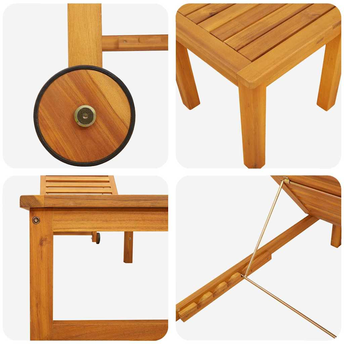 Details aus Holzmöbeln für den Außenbereich: Rad, Tisch, Rahmen und verstellbare Rückenlehne. Hellbraunes Holz mit Metallakzenten.