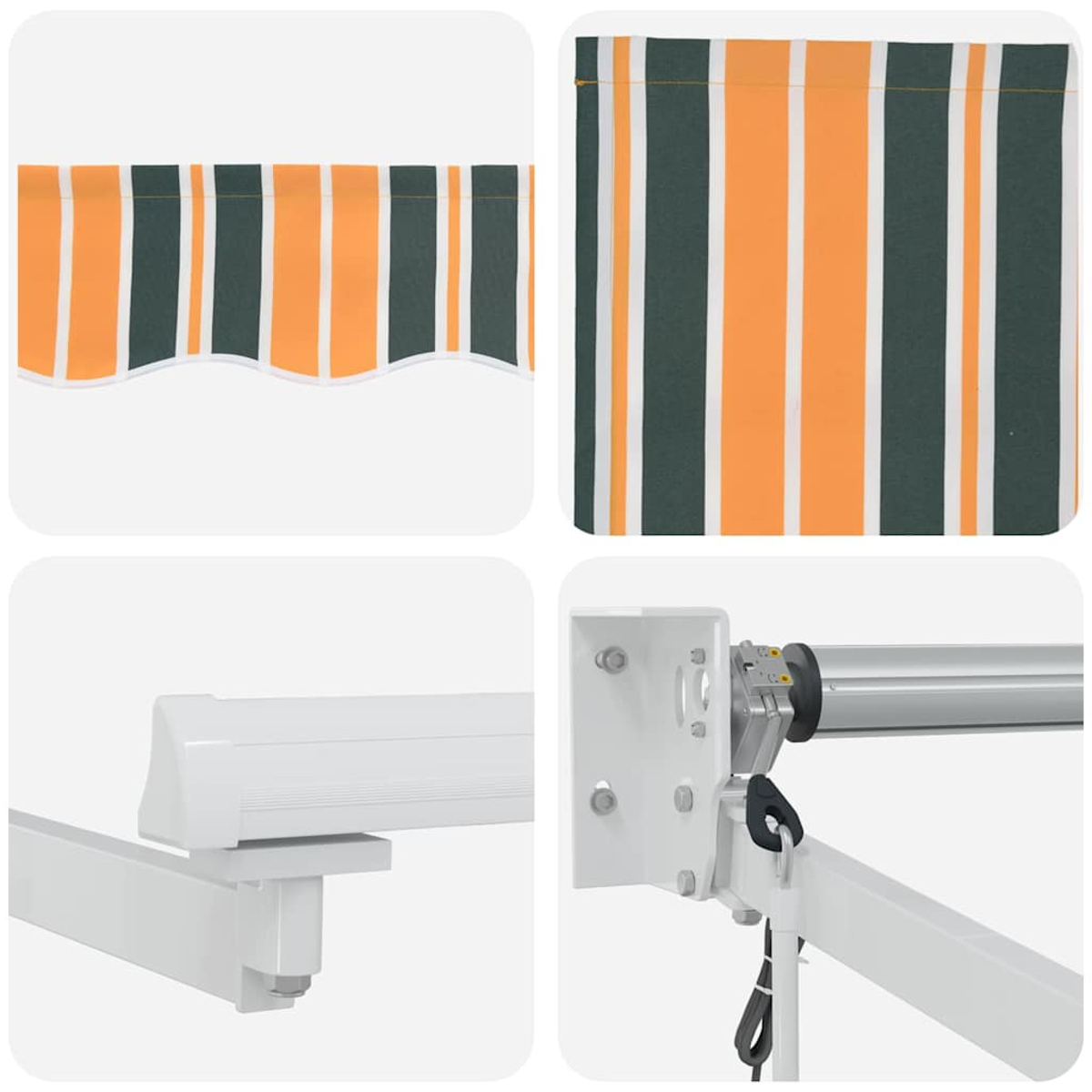 Vier Bilder zeigen eine gestreifte Markise und ihre Komponenten: Stoff, Rahmen und Montagezubehör. Farben sind orange, grün und weiß.