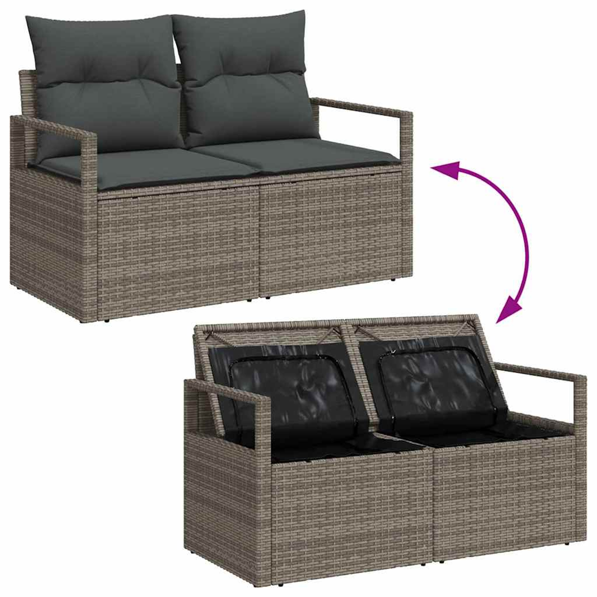Rattansofa mit grauen Kissen. Oben ist geschlossener Stauraum, unten offener Stauraum mit schwarzem Stoff zu sehen.