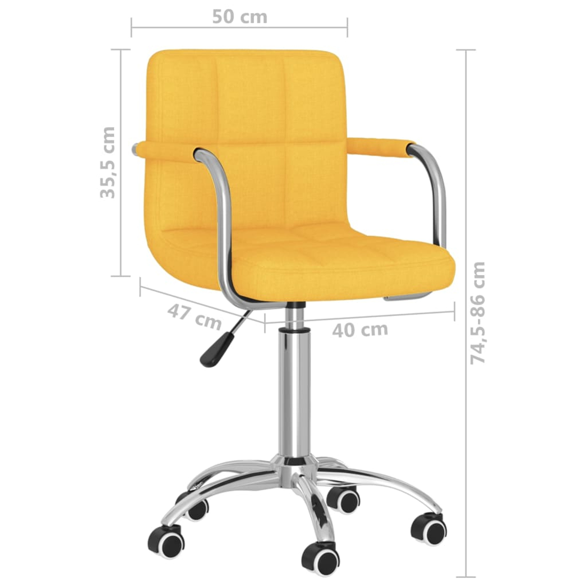 Una silla de oficina amarilla con brazos y base cromados. Medidas: 50 cm ancho, 35,5 cm alto, 47 cm profundidad, 40 cm asiento y 74,5-86 cm alto.