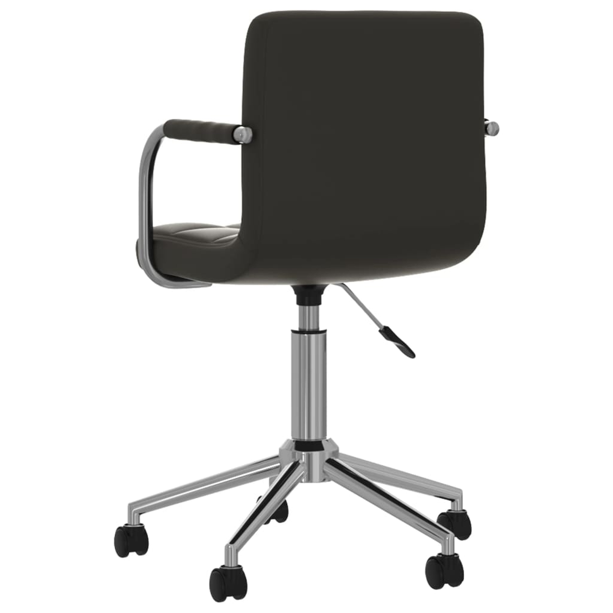 Schwarzer Bürostuhl von hinten. Er hat Armlehnen und ein Fünf-Sterne-Gestell mit Rollen. Der Stuhl steht vor weißem Hintergrund.