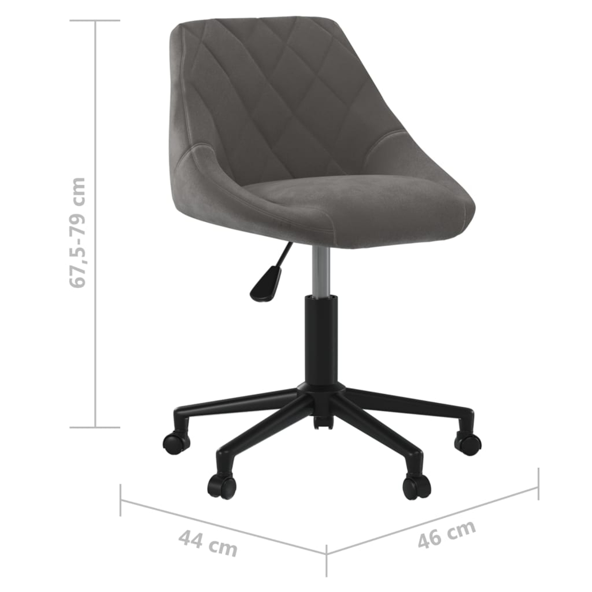 Ein grauer Bürostuhl mit Rautensteppung, schwarzem Fuß und Rollen. Abmessungen: 67,5-79 cm Höhe, 44 cm Breite, 46 cm Tiefe.