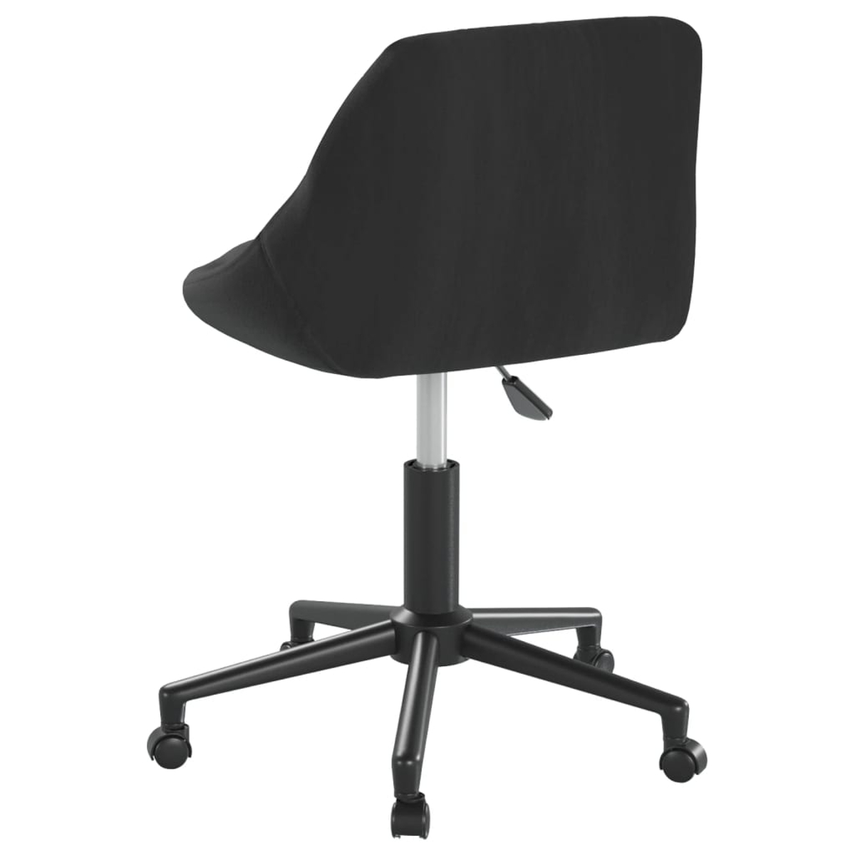 Schwarzer Bürostuhl, Rückansicht. Er hat eine schwarze Sitzfläche und Rückenlehne, eine silberne Stange und ein schwarzes Gestell mit Rollen.