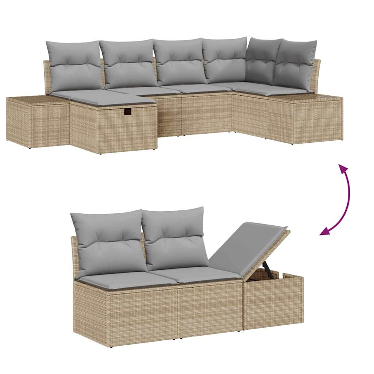 Geflochtenes Ecksofa mit grauen Kissen. Oberteil ist L-förmig. Unterteil hat einen geöffneten Deckel, der Stauraum zeigt.