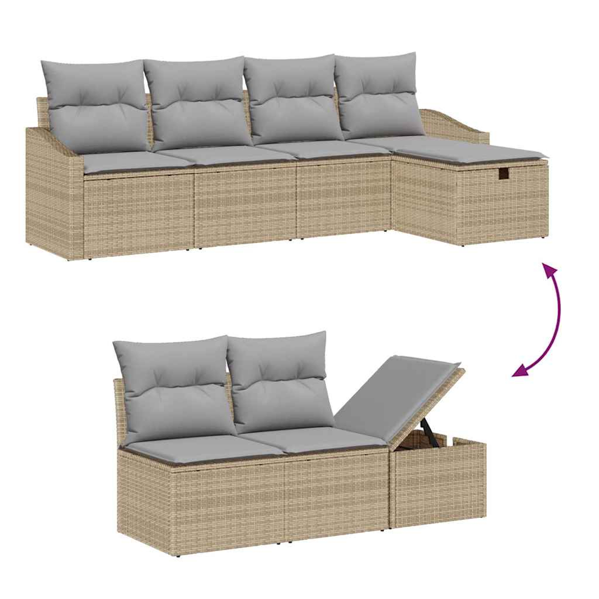 Zwei Rattansofas mit grauen Kissen. Eines hat einen Hebespeicher, das andere ist ein Ecksofa. Ein Pfeil zeigt die Hebefunktion.