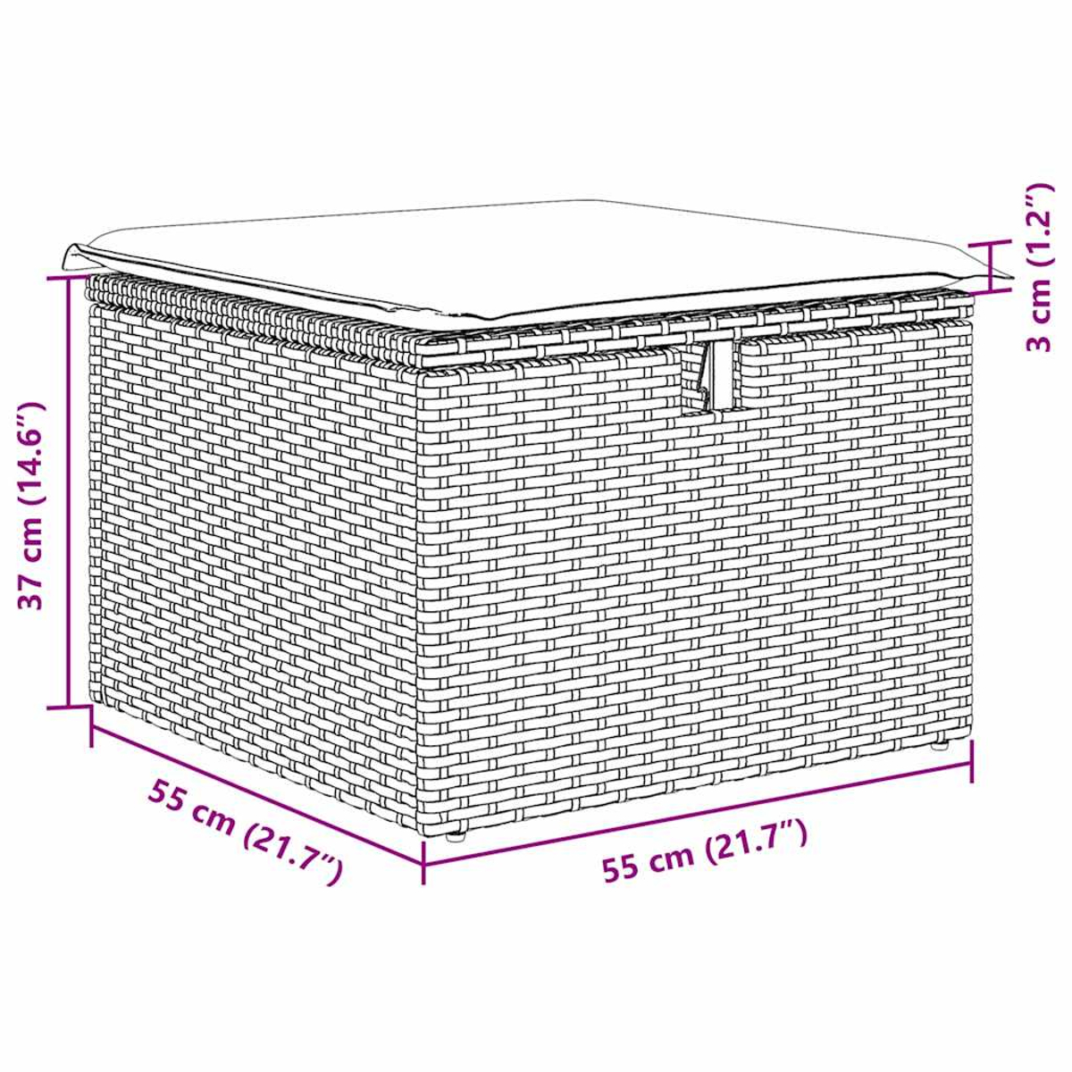 Eine quadratische Aufbewahrungsbox aus Korbgeflecht mit gepolsterter Oberseite. Abmessungen: 55x55x37 cm. Die Oberseite ist 3 cm dick.