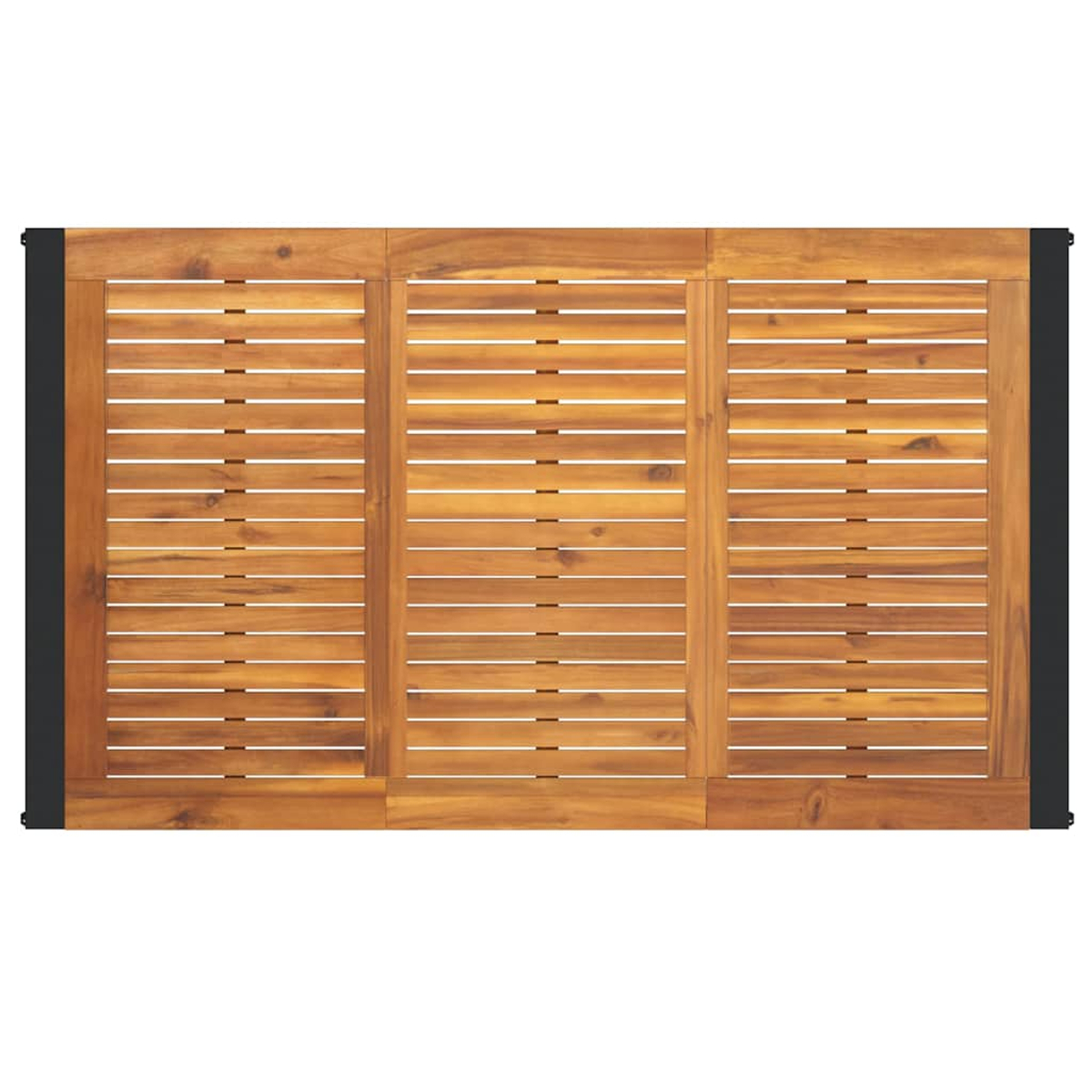 Draufsicht auf einen Holztisch. Er hat drei Platten mit horizontalen Lamellen. Schwarze Rahmen befinden sich an jeder Seite.