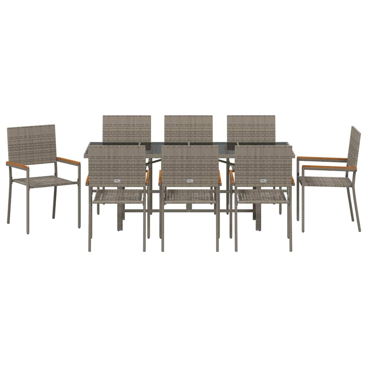 Ein Esszimmer-Set mit einem rechteckigen Tisch und acht Stühlen wird gezeigt. Die Stühle haben gewebte Rücken und Sitze mit Armlehnen aus Holz.