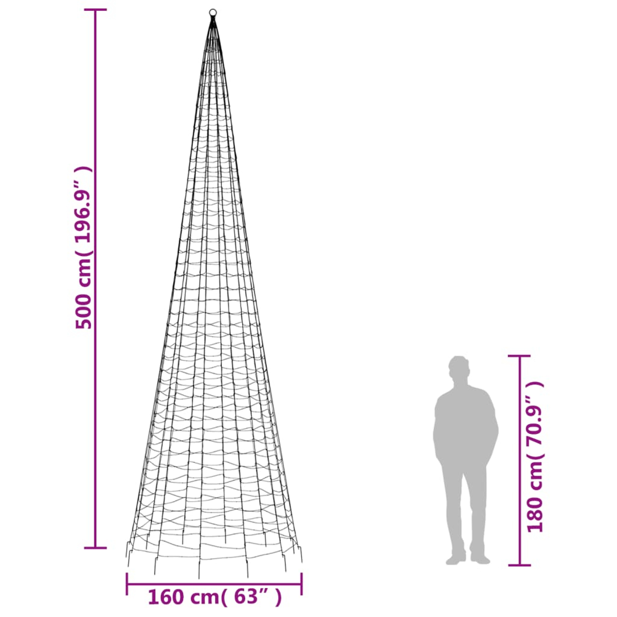 Eine hohe, konische Netzstruktur steht neben einer silhouettierten Person. Abmessungen sind für die Struktur und die Körpergröße angegeben.