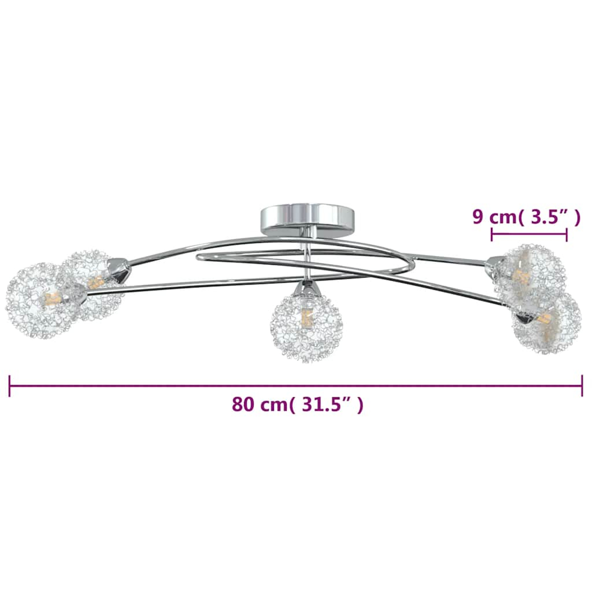 Una plafoniera argentata con sei luci decorative. La lampada è lunga 80 cm (31,5") e larga 9 cm (3,5").