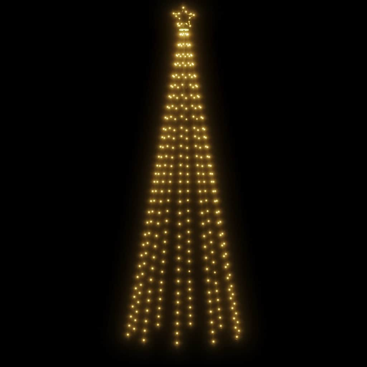 Ein Weihnachtsbaum aus Lichtern. Oben ist ein Stern. Die Lichter sind gelb, der Hintergrund ist schwarz.