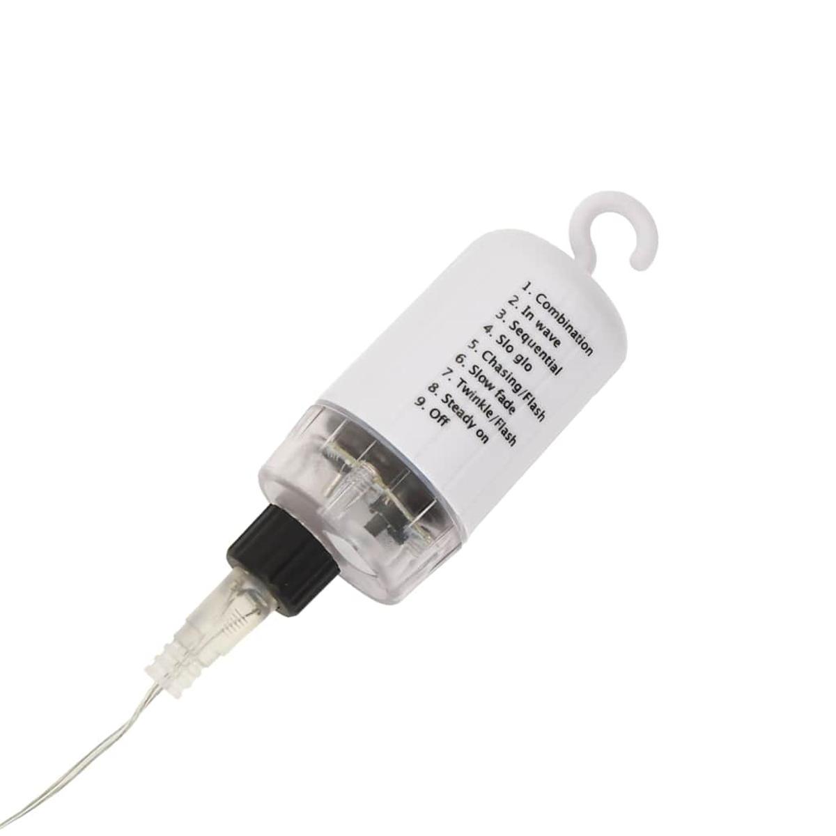 Ein weißer Lichtcontroller mit Haken und einem durchsichtigen Kunststoffabschnitt, der mit einem Draht verbunden ist. Der Controller hat mehrere Lichtmodi.