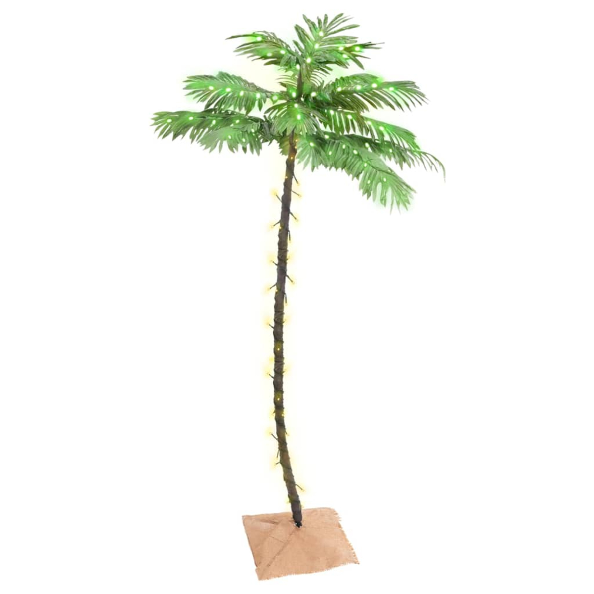 Eine dekorative künstliche Palme mit grünen Wedeln, einem braunen Stamm mit gelben Lichtern und einem Jute-Sockel.
