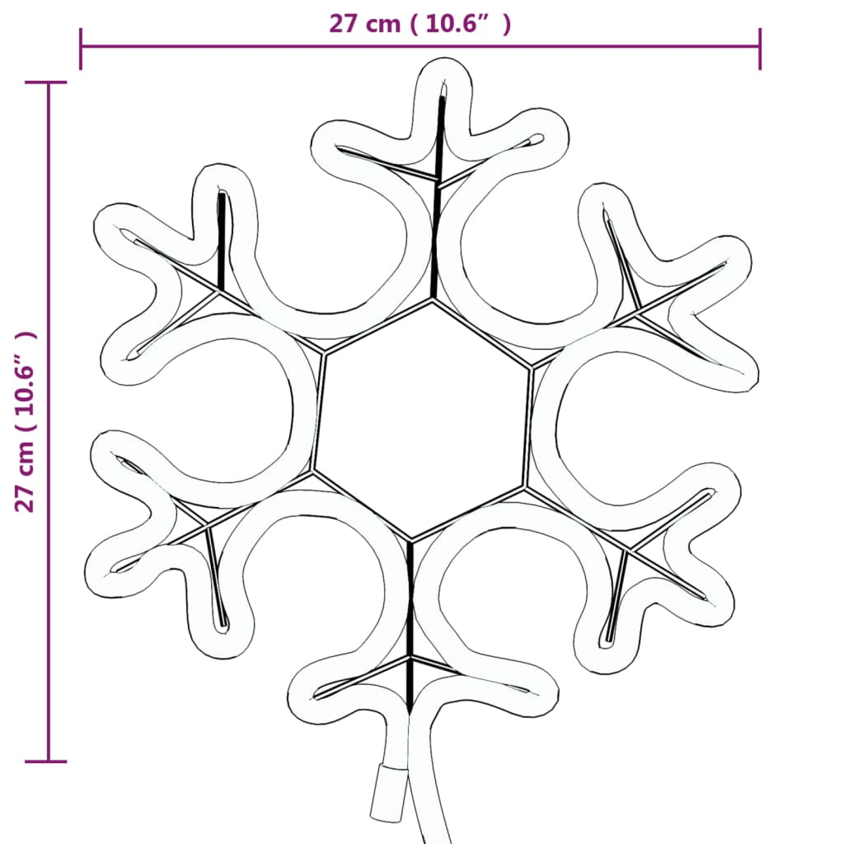 Eine schneeförmige Dekoration, mit den Maßen 27 cm (10,6"), wird abgebildet. Das Design ist weiß, schwarz umrandet, vor weißem Hintergrund.