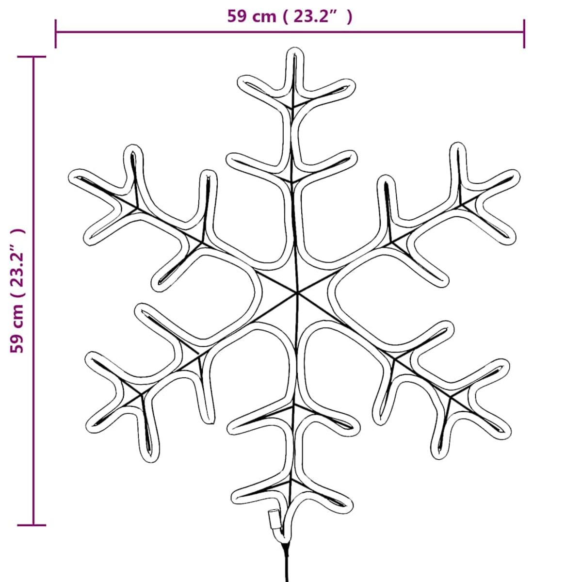 Eine große, weiße Schneeflocken-Dekoration mit schwarzen Umrissen und Maßen in cm und Zoll. Auf weißem Hintergrund.