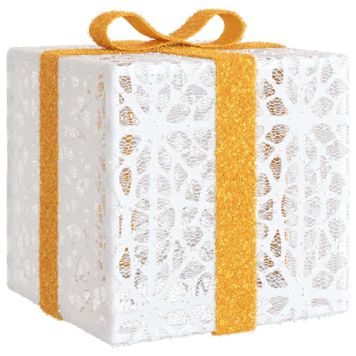 Eine weiße Geschenkbox mit goldenem Band und Schleife. Die Box hat ein spitzenartiges Muster. Goldenes Band umwickelt die Box.