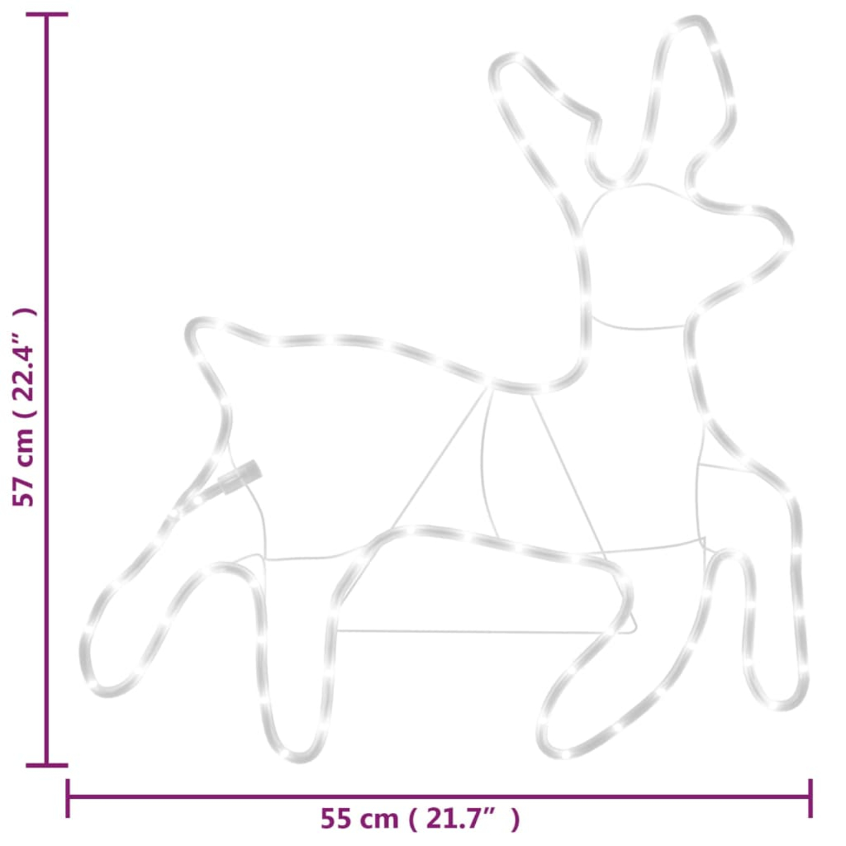 Weißer, leuchtender Umriss einer Rentierdekoration. Es ist eine Weihnachtsbeleuchtung mit den Maßen 57 cm hoch und 55 cm breit.