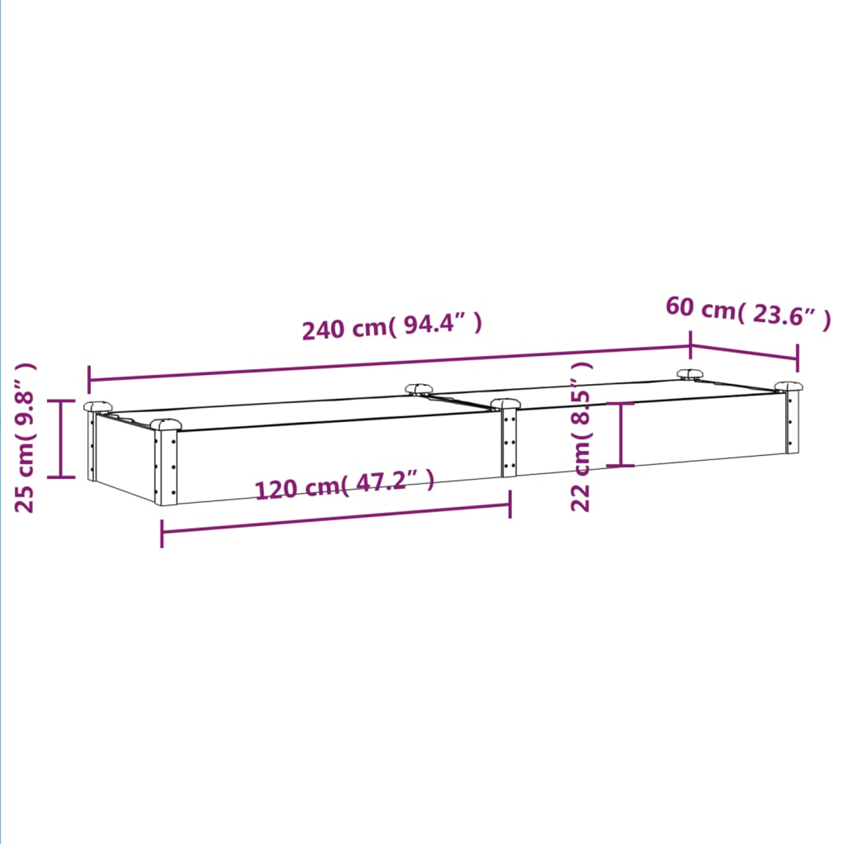 Diagramm eines Bettrahmens mit Maßen: 240 cm lang, 60 cm breit und 25 cm hoch. Die Seite ist 22 cm hoch.