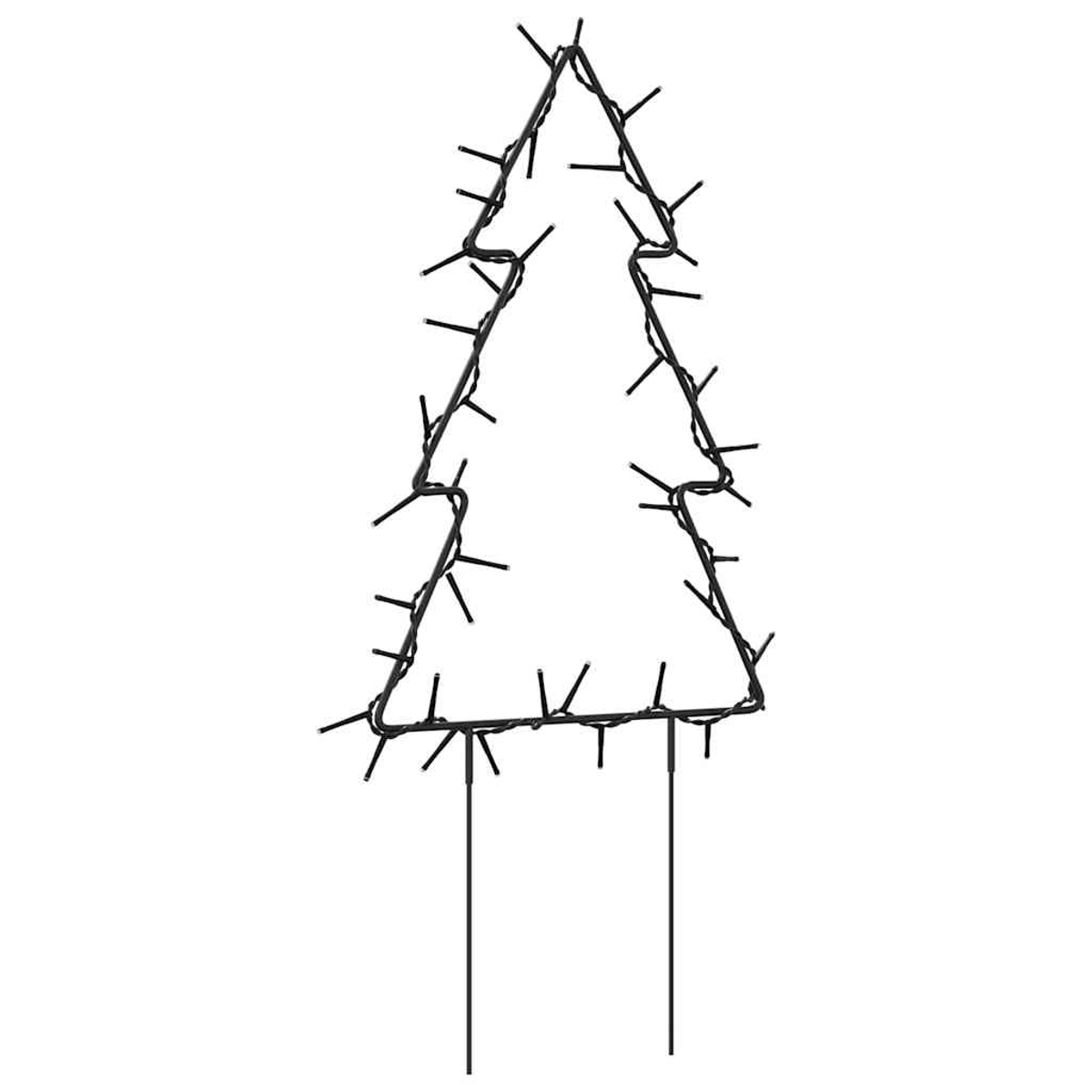 Eine schwarze Metall-Umrisslinie eines Weihnachtsbaums mit Lichtern. Es hat zwei Pfähle am Boden. Der Hintergrund ist weiß.