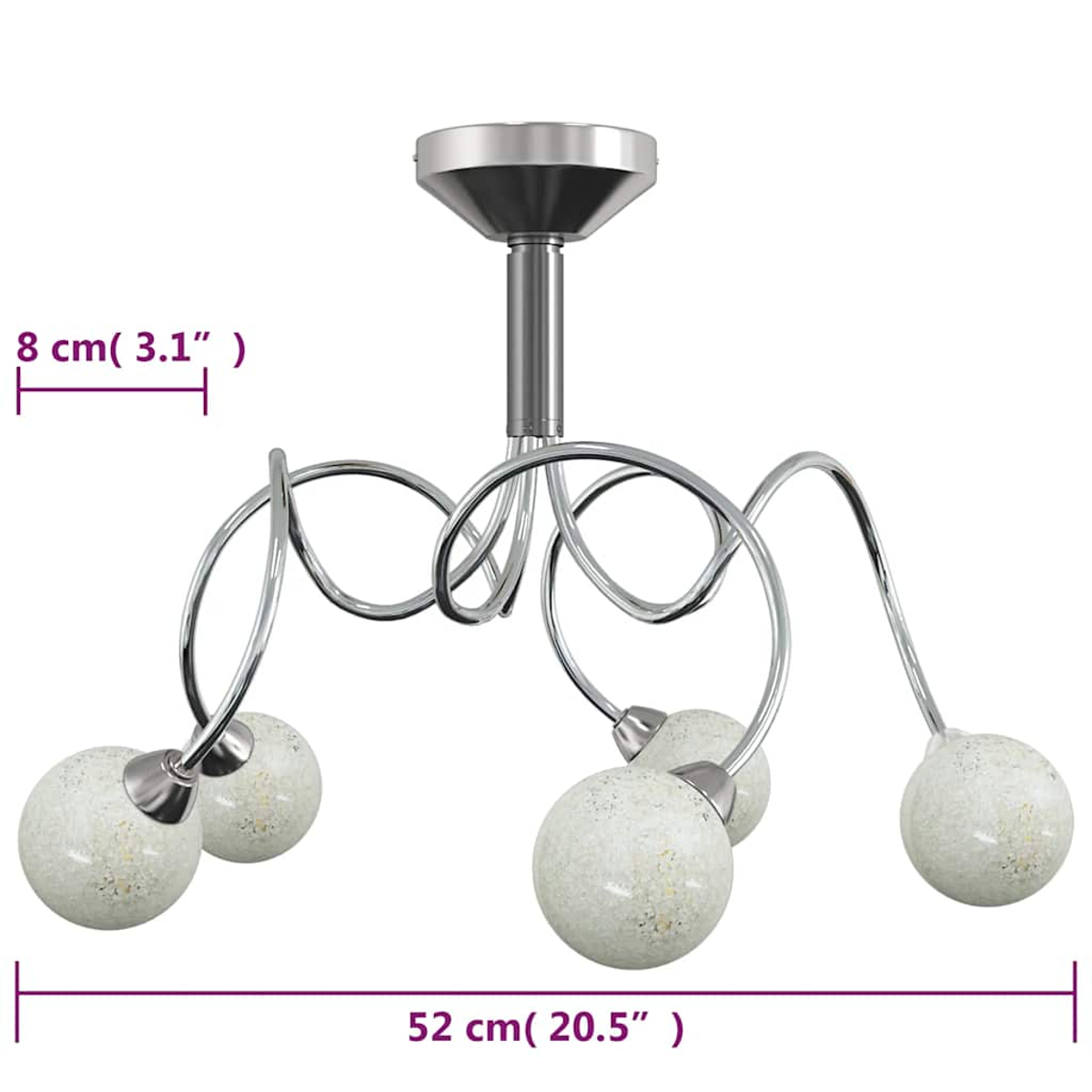 Un moderno lampadario a soffitto con cinque lampade sferiche. L'apparecchio è cromato e le lampade sono bianche con un motivo maculato.