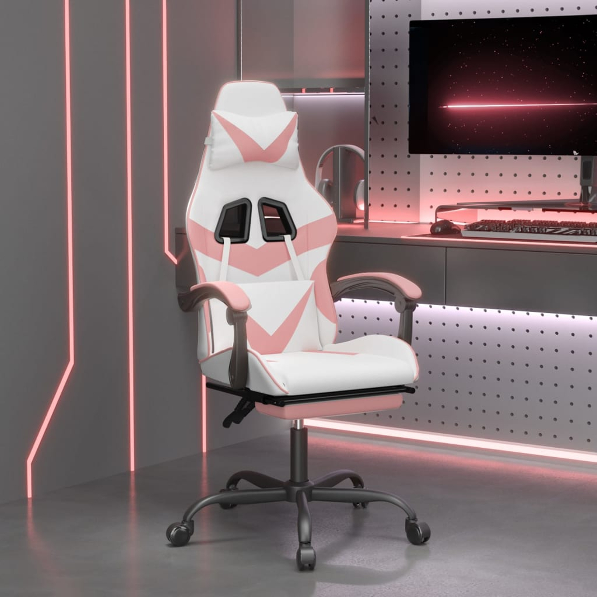 Ein weiß-rosa Gaming-Stuhl mit schwarzem Gestell in einem Raum mit Schreibtisch und Computer. Pinkfarbene Neonlinien an den Wänden.