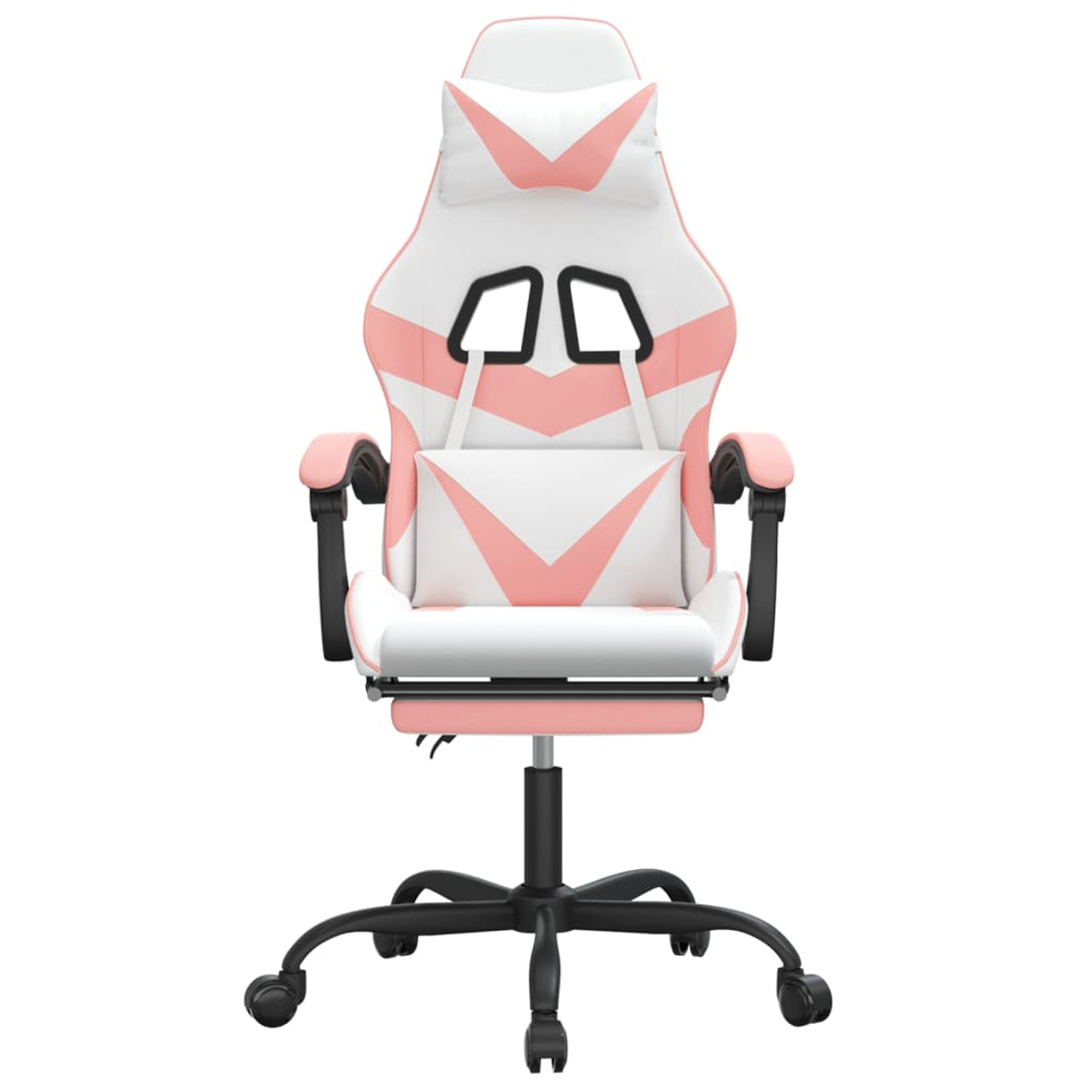 Ein weiß-rosa Gaming-Stuhl auf weißem Hintergrund. Der Stuhl hat eine Kopfstütze, Rückenlehne, Armlehnen und ein Gestell mit Rädern.