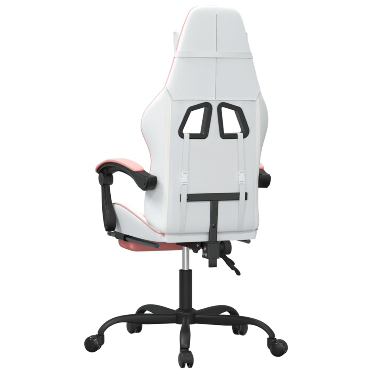 Weiß-rosa Gaming-Stuhl, schwarzes Gestell und Räder. Rückenlehne hat zwei Öffnungen. Armlehnen sind schwarz und rosa. Isoliert auf weißem Hintergrund.
