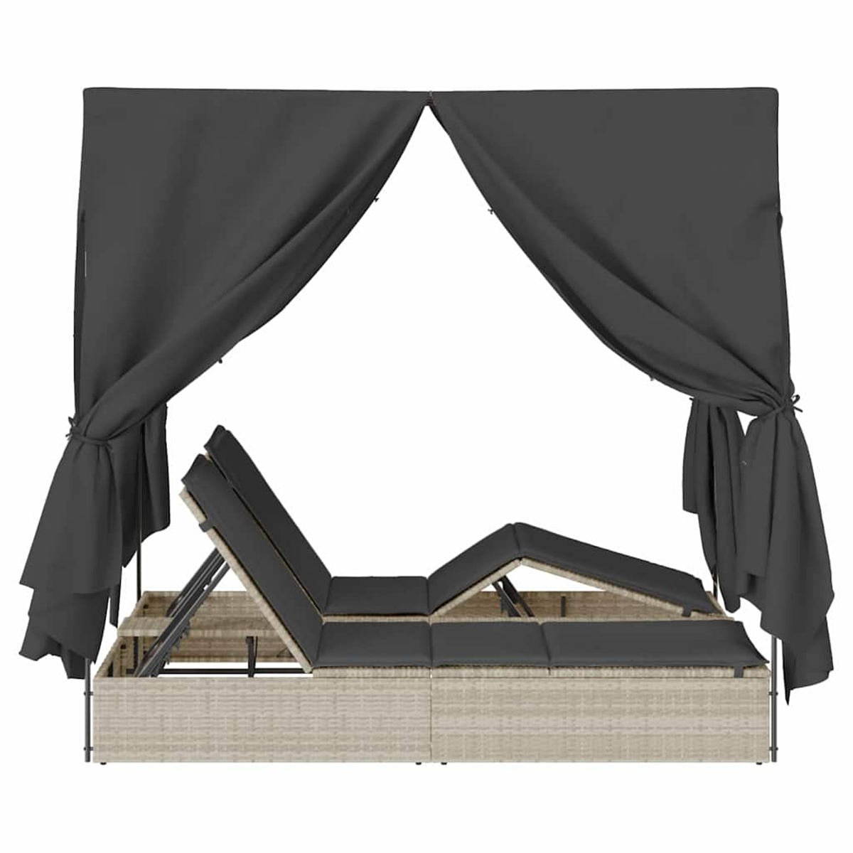 Ein graues Himmelbett mit zwei Liegeflächen. Es steht auf weißem Hintergrund.