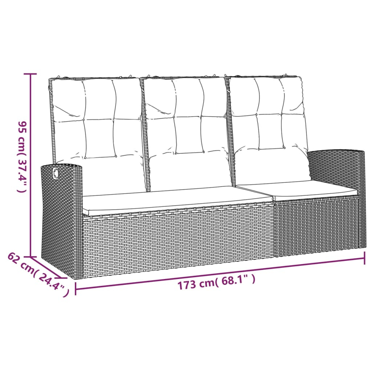 Ein Outdoor-Sofa aus Korbgeflecht mit den angegebenen Abmessungen: 173 cm lang, 62 cm hoch und 95 cm hoch. Es hat Kissen und Armlehnen.
