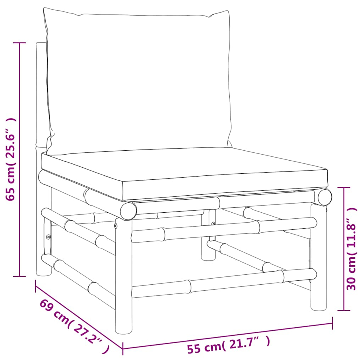 Ein Bambusstuhl mit Kissen. Abmessungen: 65 cm hoch, 69 cm breit, 55 cm tief und 30 cm Sitzhöhe.