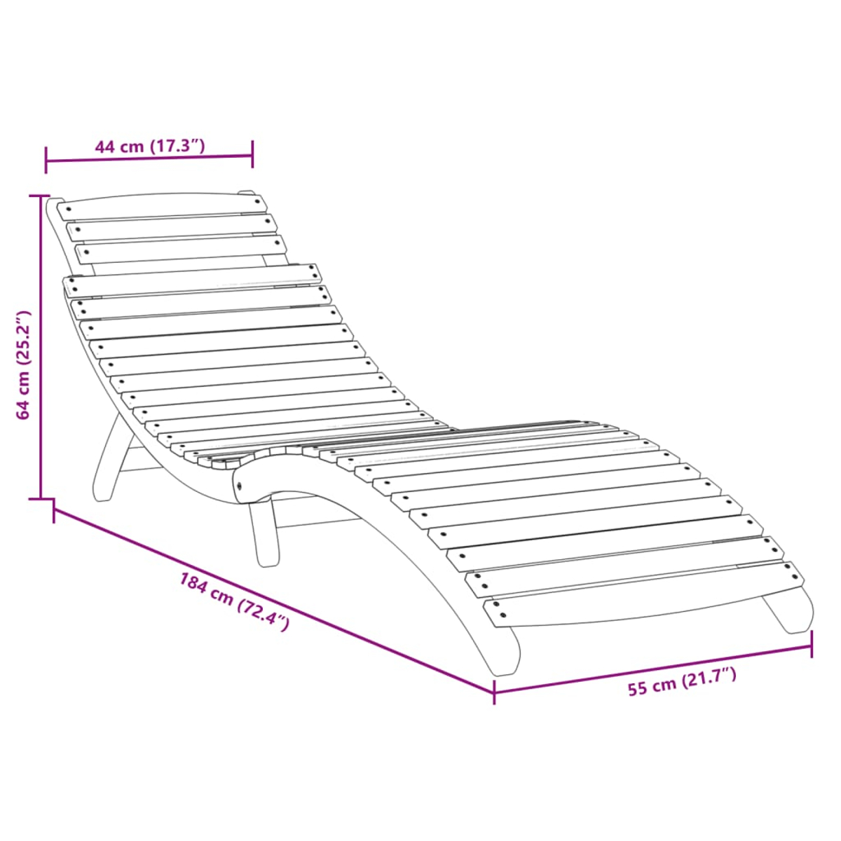 Disegno al tratto di una chaise longue in legno con dimensioni etichettate in centimetri e pollici.