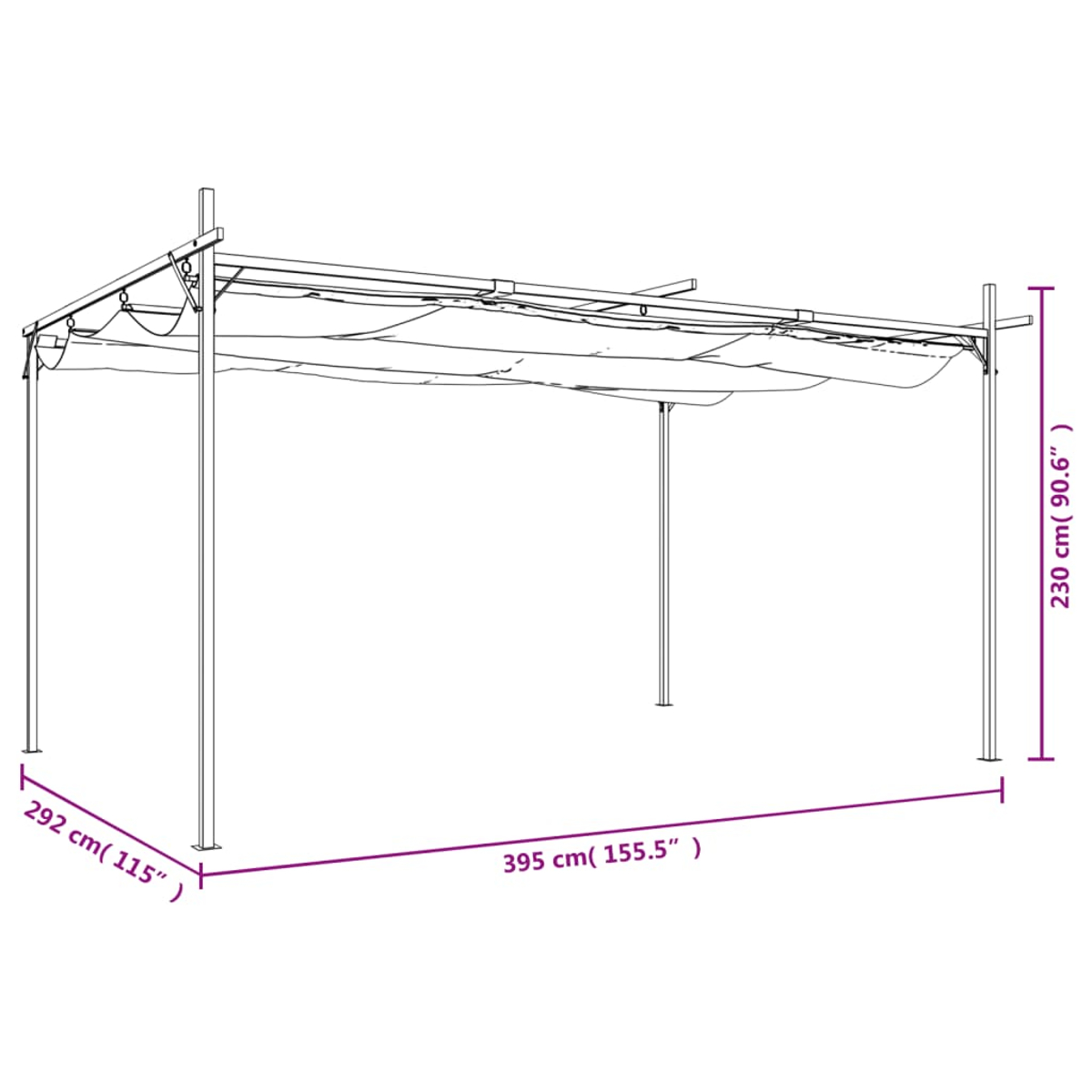 Strichzeichnung einer Pergola mit Maßen: 395 cm lang, 292 cm breit und 230 cm hoch. Enthält Dachpaneele und Stützpfosten.