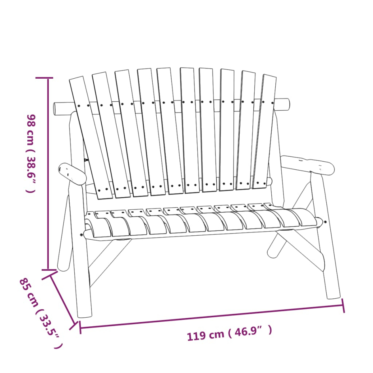 Strichzeichnung einer Holzbank mit Maßangaben. Sie hat eine Lattenlehne und einen Sitz. Maße: 98 cm, 85 cm, 119 cm.