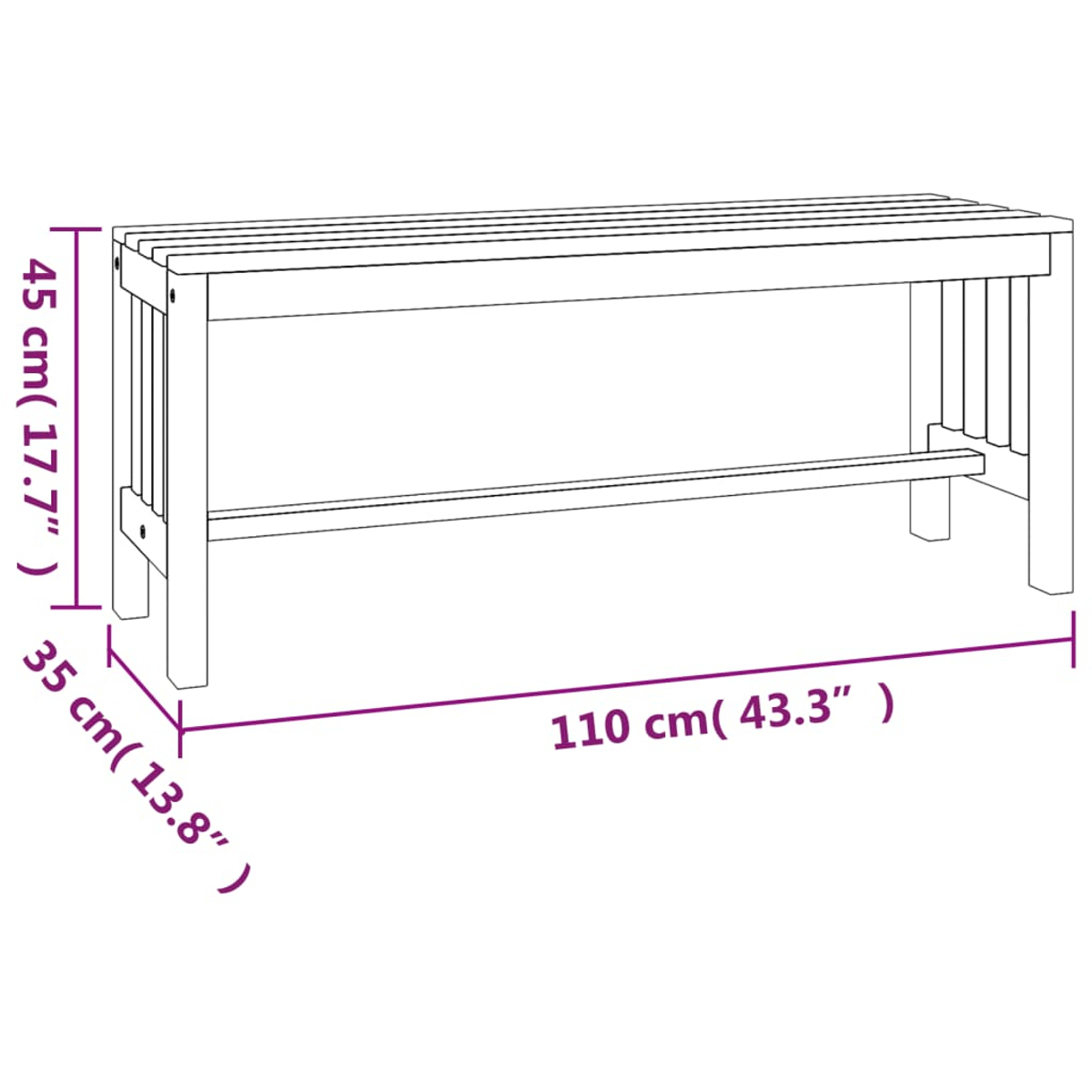Eine Holzbank mit den Maßen: 110cm lang, 45cm hoch und 35cm tief. Die Bank hat eine Sitzfläche aus Latten und stabile Beine.