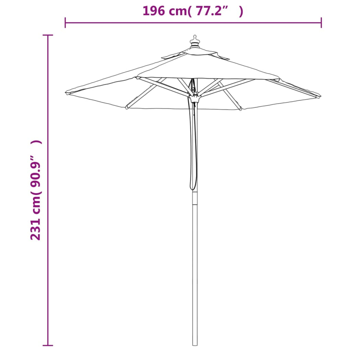 Ein offener weißer Regenschirm mit langem Pfosten. Die Abmessungen sind mit 196 cm Breite und 231 cm Höhe angegeben.