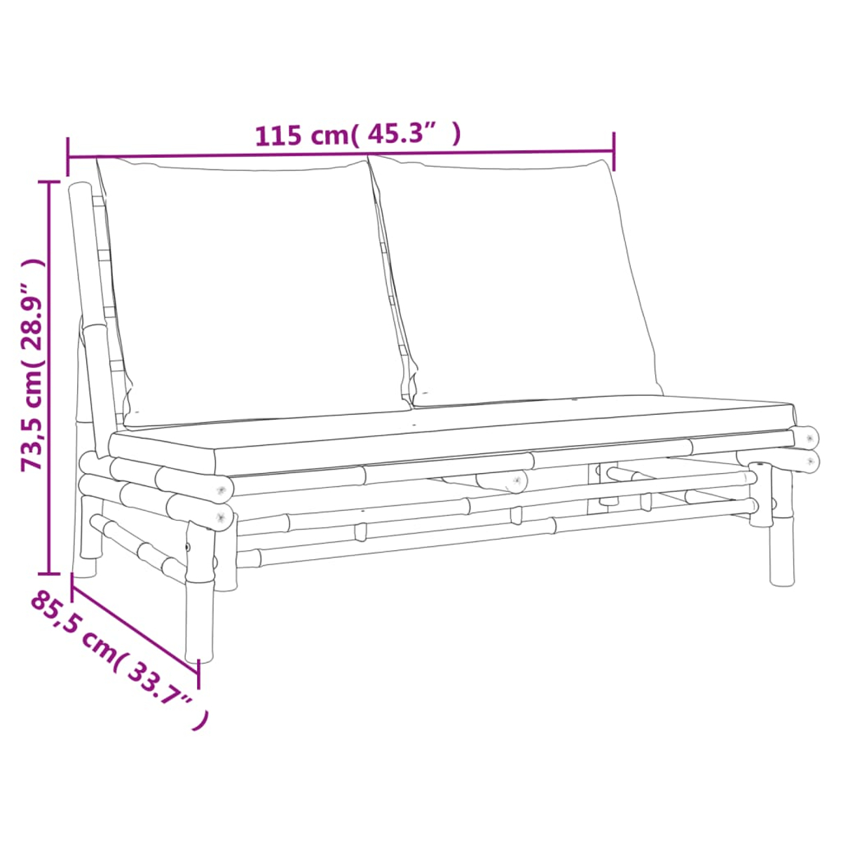 Eine Strichzeichnung eines Bambus-Sofas mit Kissen. Abmessungen sind beschriftet: 115 cm breit, 73,5 cm hoch und 85,5 cm tief.