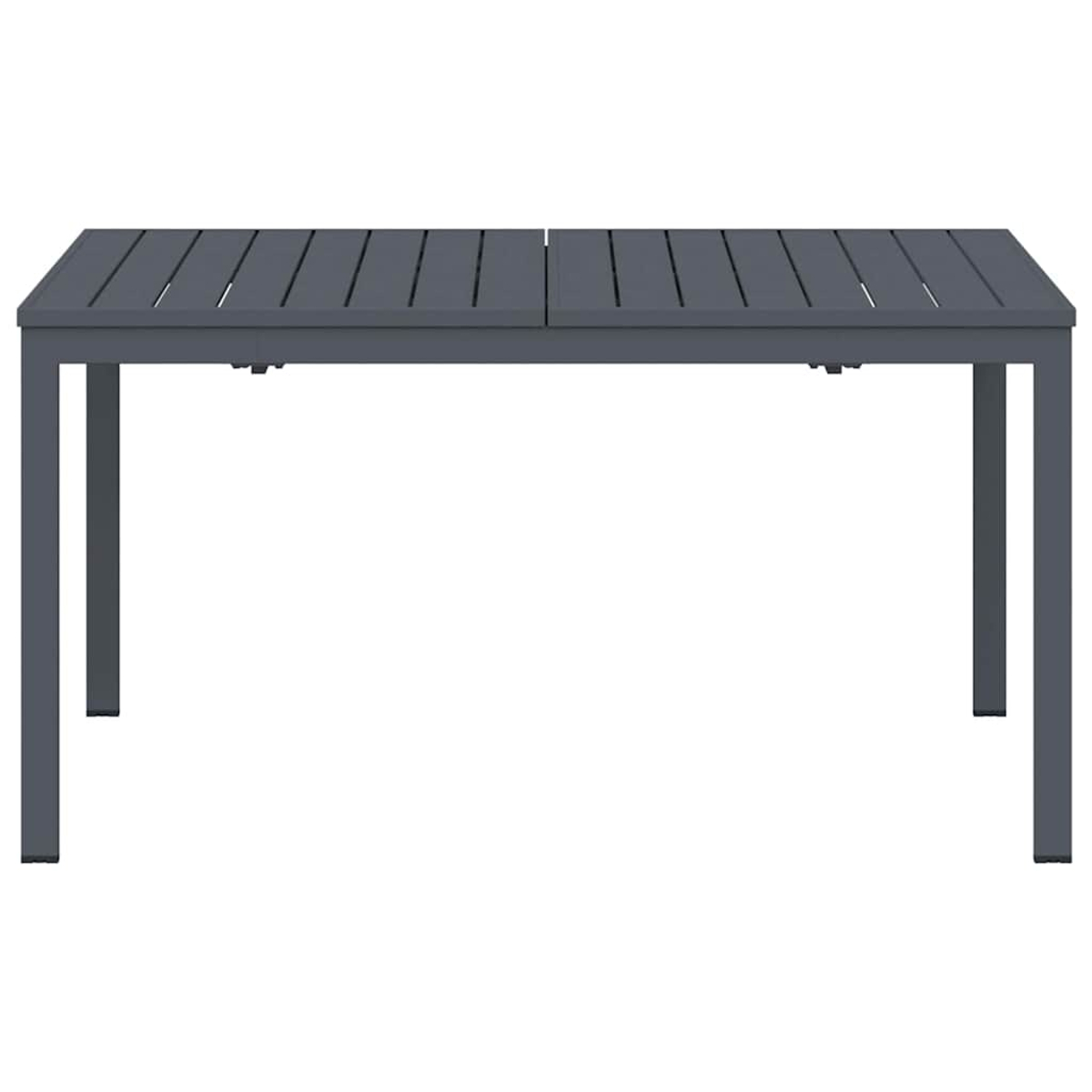 Una mesa rectangular gris oscuro para exteriores con tapa de listones y cuatro patas rectas, sobre fondo blanco.