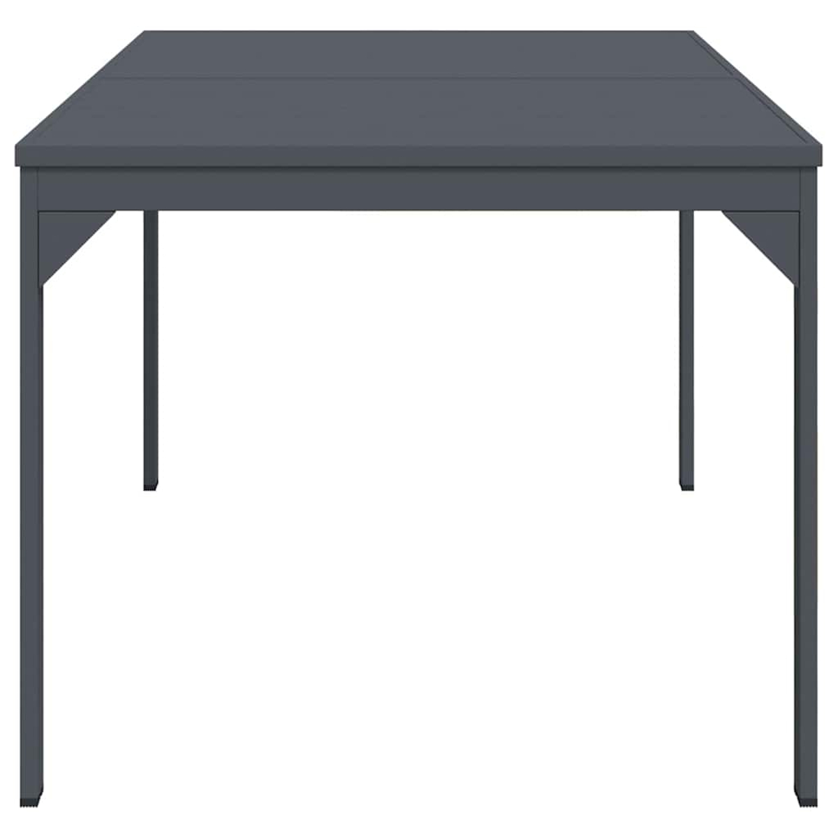 Una mesa rectangular gris oscuro con cuatro patas. La mesa está centrada, con fondo blanco. Las patas son rectas y delgadas.