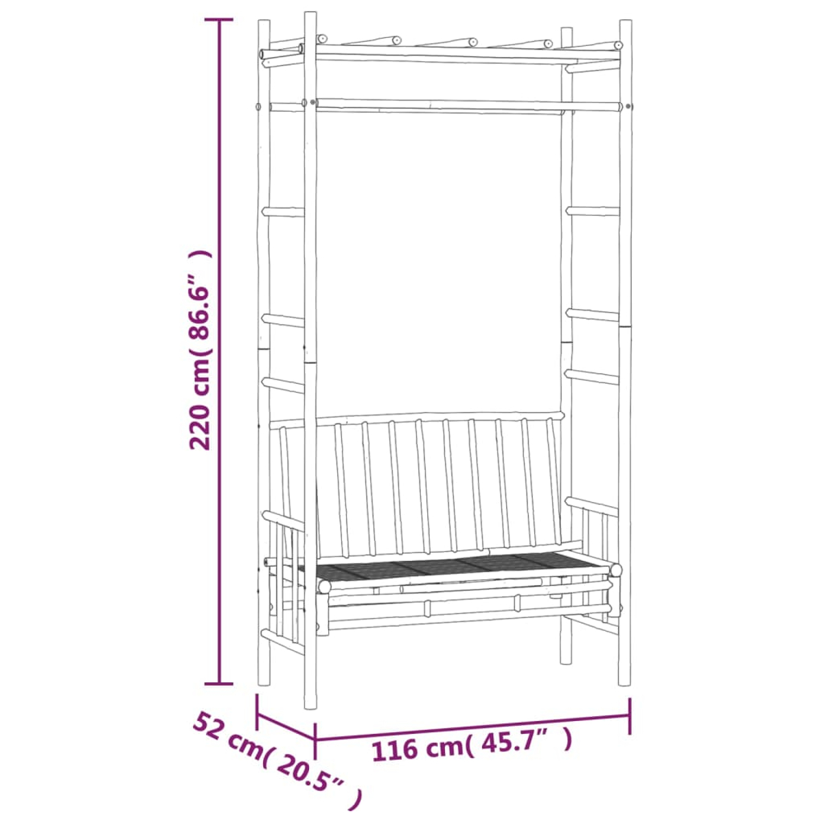 Strichzeichnung einer Bambusbank mit Baldachin. Abmessungen sind beschriftet: 220 cm hoch, 116 cm breit und 52 cm tief.