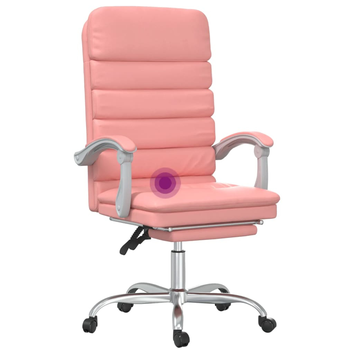 Ein rosa Bürostuhl mit Armlehnen. Er hat eine hohe Rückenlehne, einen gepolsterten Sitz und ein Chromgestell mit Rollen.