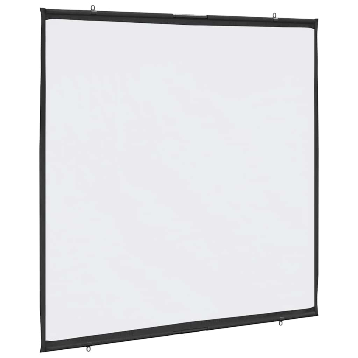 Eine weiße Projektorleinwand mit schwarzem Rahmen. Der Bildschirm ist rechteckig, mit schwarzen Rändern und Aufhängehaken.